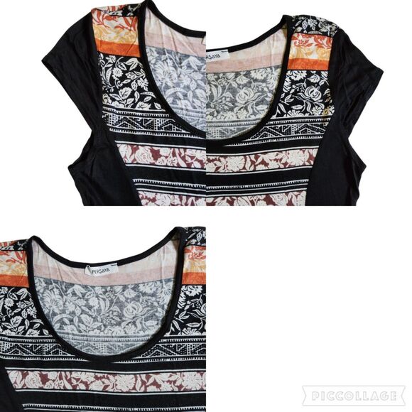 PERSAYA Black White Orange Brown Mixed Print Short Sleeve Top L - Picture 4 of 11